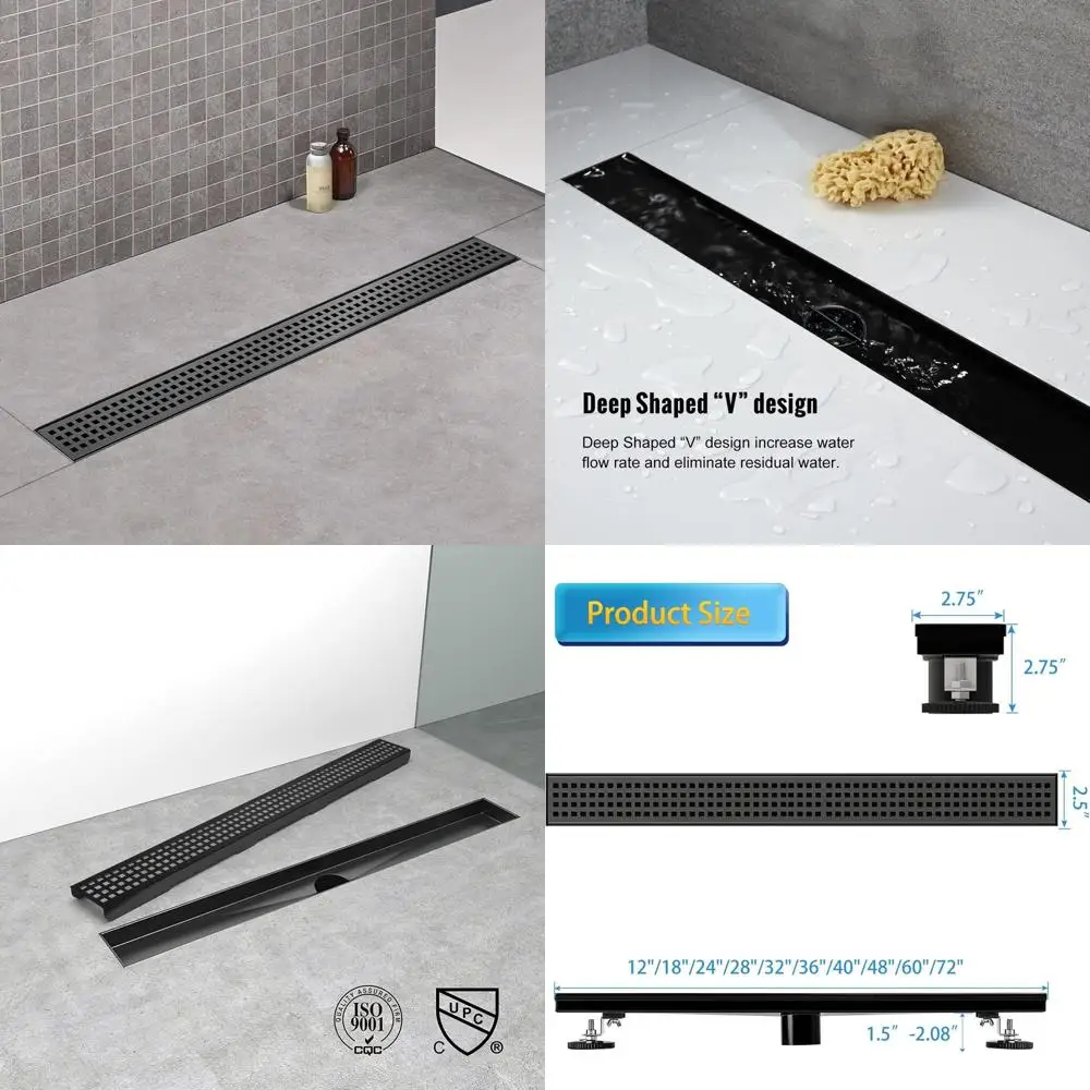 

28 Brushed SS Linear Shower Drain with Removable Grate, Hair Strainer & Adjustable Feet