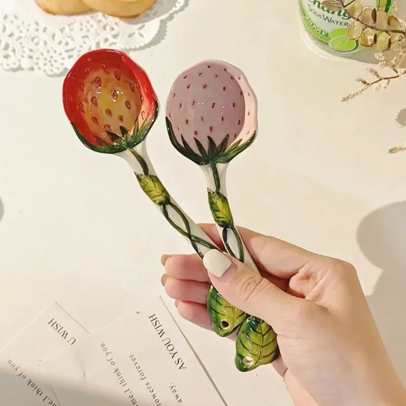 Household Cute Ceramic Spoon, Long Handle Children Eat Dessert Spoons Ladle Tableware Strawberry, Watermelon Panda