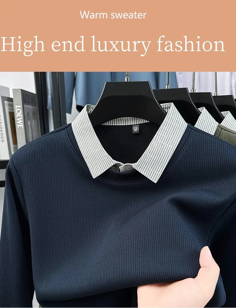 Hochwertiger gefälschter zweiteiliger Reverspullover für Herren, neue Mode, hautfreundlich, Komfort, Plüsch, warm, luxuriös, Trend, lässiger Pullover – Detail 2