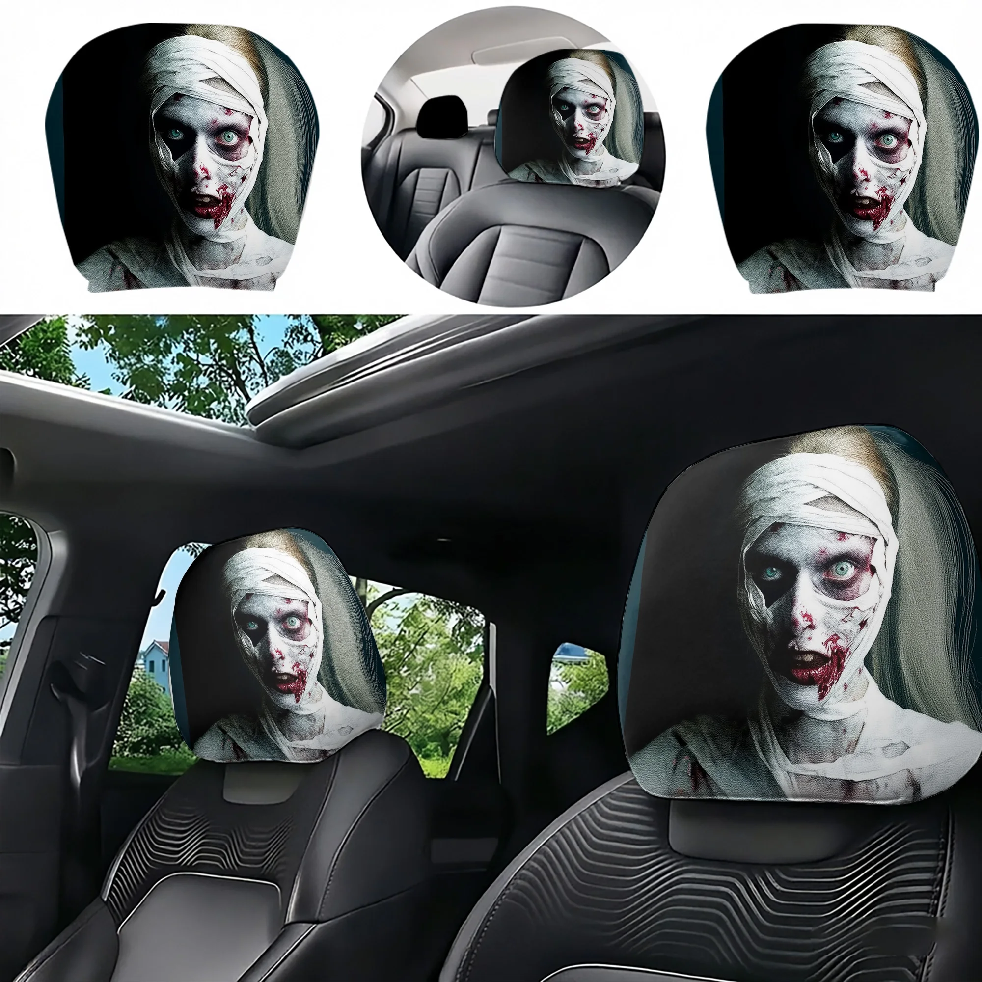 2pcs Mummy-Themed Car Headrest Covers, creating a spooky atmosphere in your car. Does not include stuffing. Easy to install.