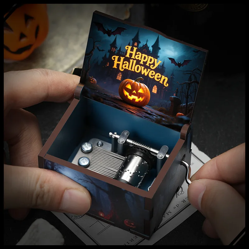 Halloween mini manivela caixa de música seis lados pintado caixa musical de madeira presente vintage para festa de férias decoração de casa