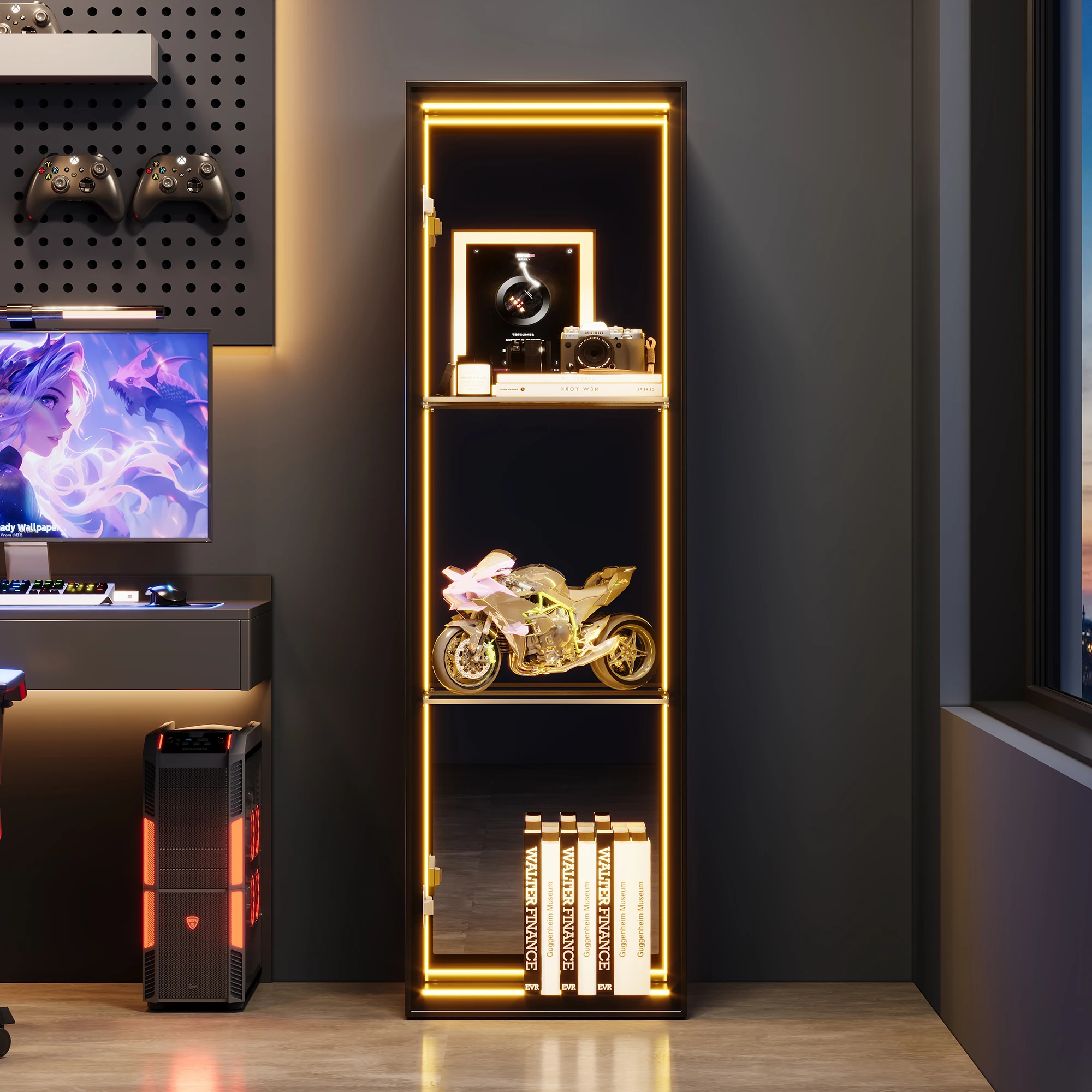 Vitrine à 3 niveaux avec étagères réglables à LED et fermeture douce, stable, pour salon, en verre trempé, noir