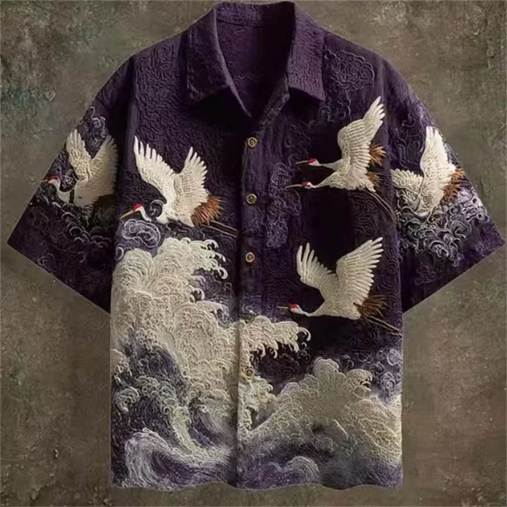 Men's Hawaiian Shirt Japanese Ukiyo-e Red-crowned Crane Big Wave Print Short Sleeve Button Up Shirts Vintage Oriental Streetwear