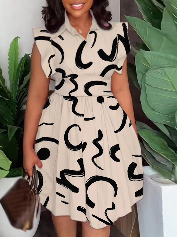 

Abstract Print Flutter Sleeve Pleated Casual Dress
