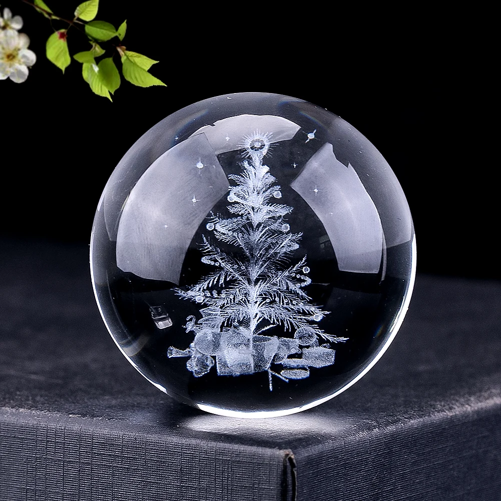 3D Laser Christmas Tree Crystal Ball Glass Paperweight Decorative Ball Art Sphere Globe Display Stand Home Xmas Decoration Props