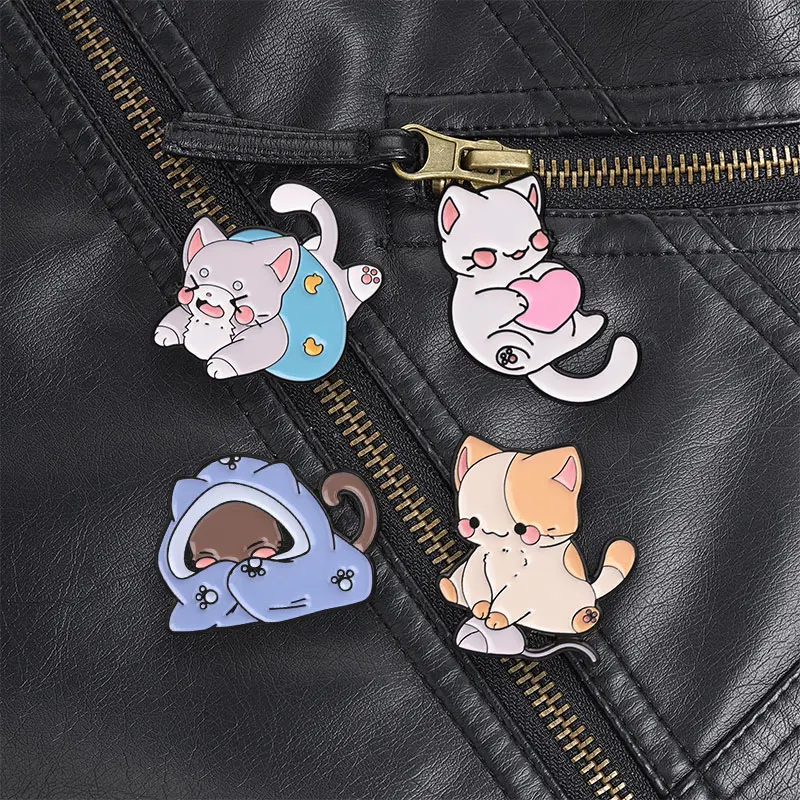 Light Grey Cat Hugging Pink Heart Enamel Pin, Cute Sweet Kitten Brooch With Love Heart For Cat Lovers And Romantic Style