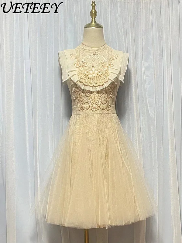 فستان تنحيف صيفي 2025 بلون الشمبانيا عالي الخصر بدون أكمام ومطرز على شكل فراشة شبكي منتفخ للحفلات فساتين قصيرة للأميرات