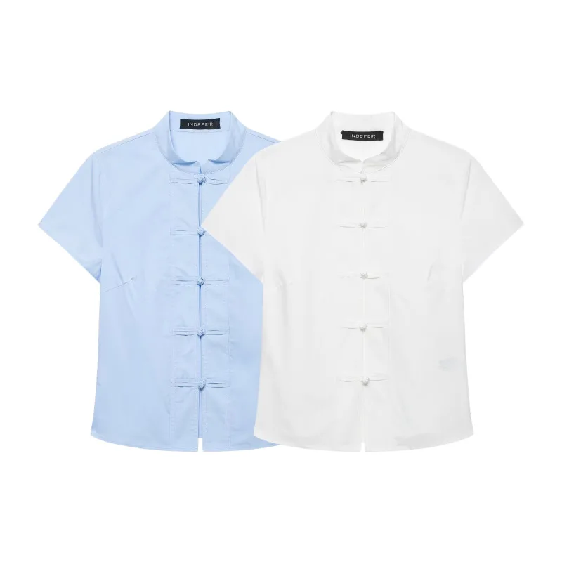 

Dave&Di Women's Clothing 2026 Summer New Product Casual Chic Round Neck Short Sleeved Button Down Poplin Shirt