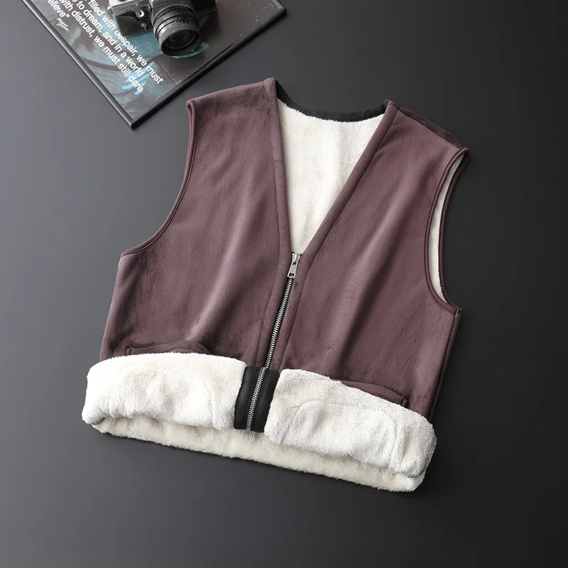 

Men 2024 Autumn Winter New Plus Velvet Lambswool Waistcoats Male V-neck Sleeveless Jacket Men's Solid Color Warm Vest Coats D694