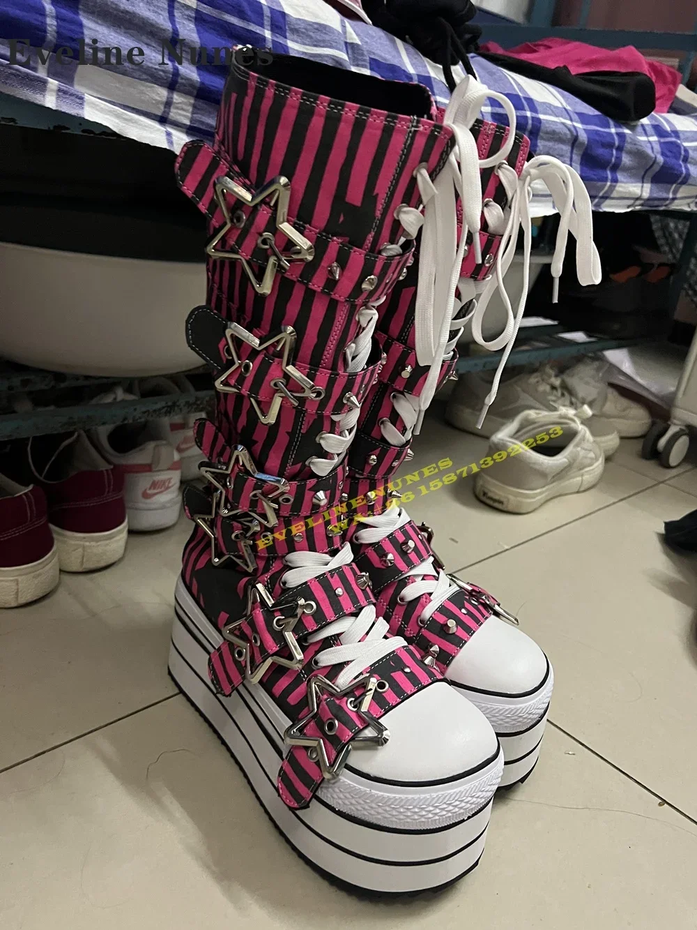 Platform Cross Tied Canvas Fashion Modern Boots Round Toe Height Increasing Metal Star Buckle Mixed Colors Knee High Boots 2024