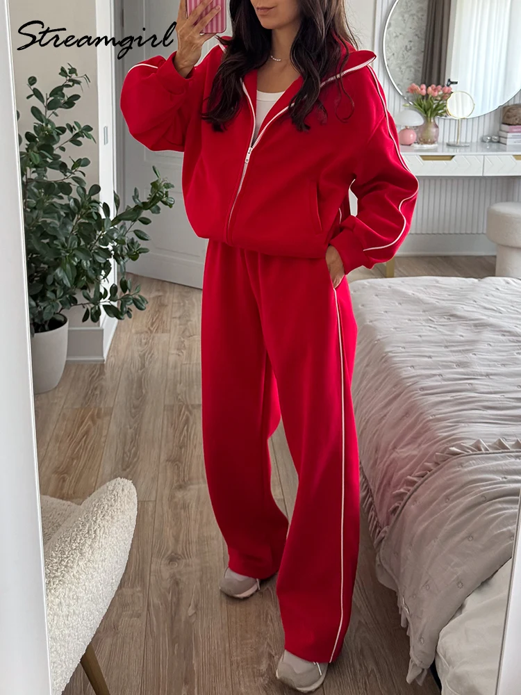 Autumn Women Zipper Tracksuit Two Pieces Set Cotton Navy Sweatpants With Stripes Red Sweatshirt Women's Sweatsuit With Zipper
