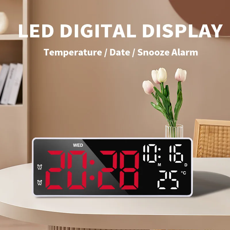New Student Large LED Digital Alarm Clock Dual Power USB Battery Mirror Desk Clock Temperature Date Week Display