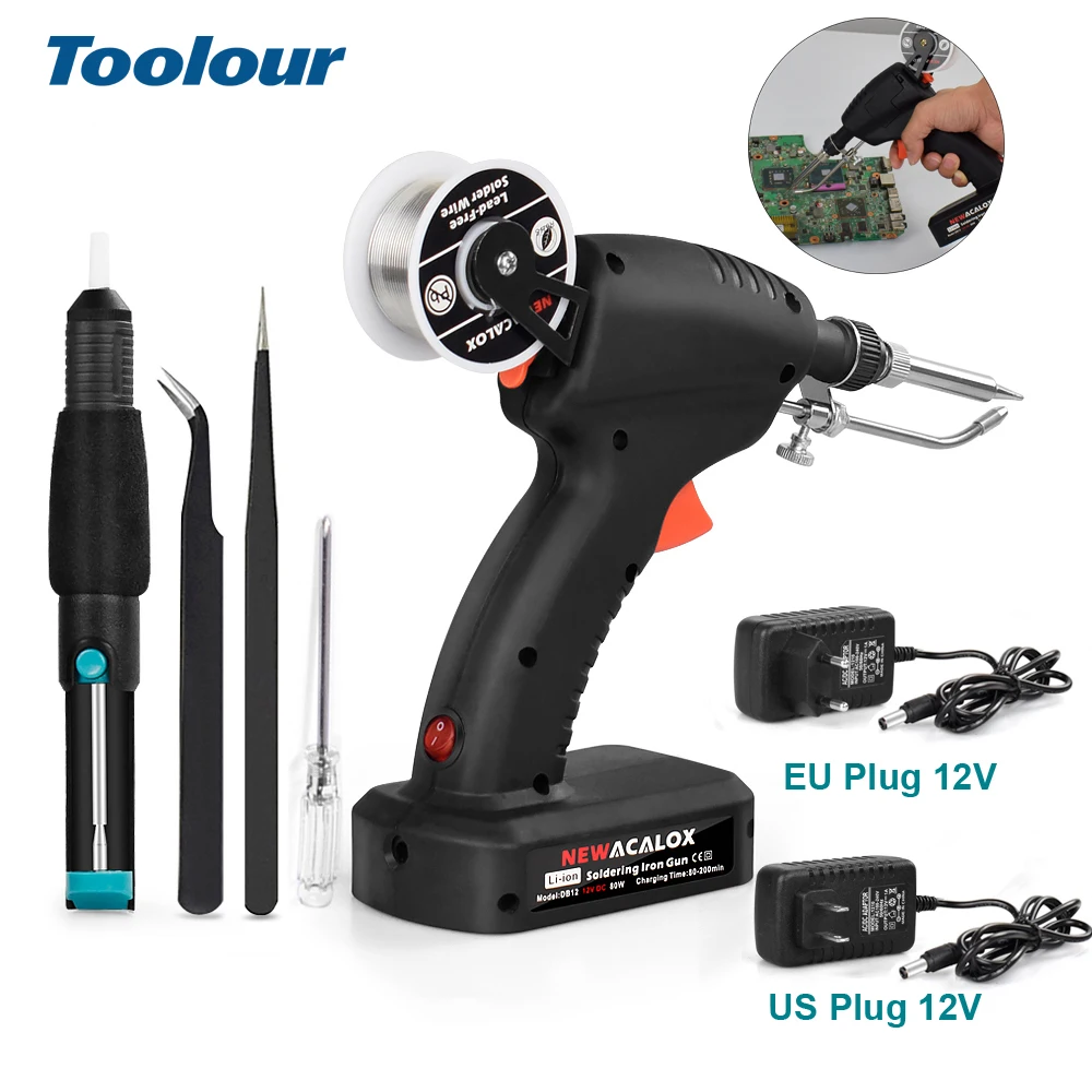Toolour Cordless Soldering Iron DC 12V 80W Soldering Gun with 50g Solder Wire,Tin Suction Pump,Tweezers for Welding PCB Home DIY