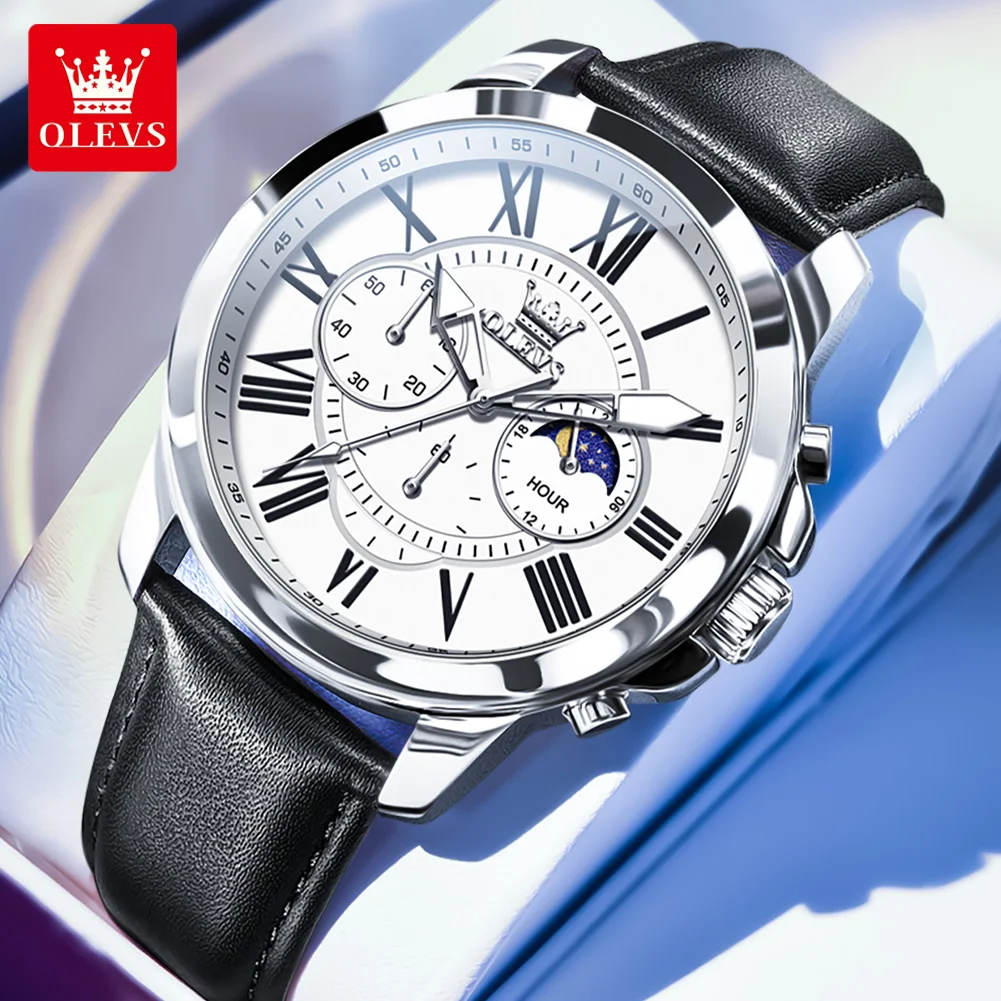 OLEVS 3632 Men Brand Watch Multi-functional Dial 24-hour Moon Phase Timekeeping 30m Waterproof Luminous Leather Strap Watch