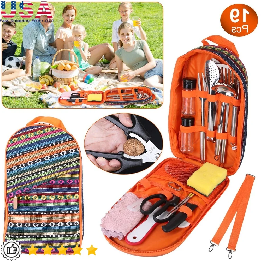 

19-Piece Camping Utensil Set Portable Cooking Kit with Organizer Essential Tools BBQ Picnics Backpacking Outdoor Activities