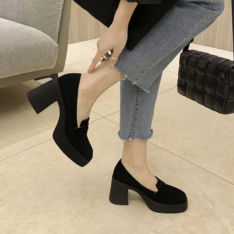 JOZHAMTA Size 34-39 Women Pumps Real Leather 2023 Spring Chunky Loafers Platform Shoes High Heels Women Fashion Ladies Footwear