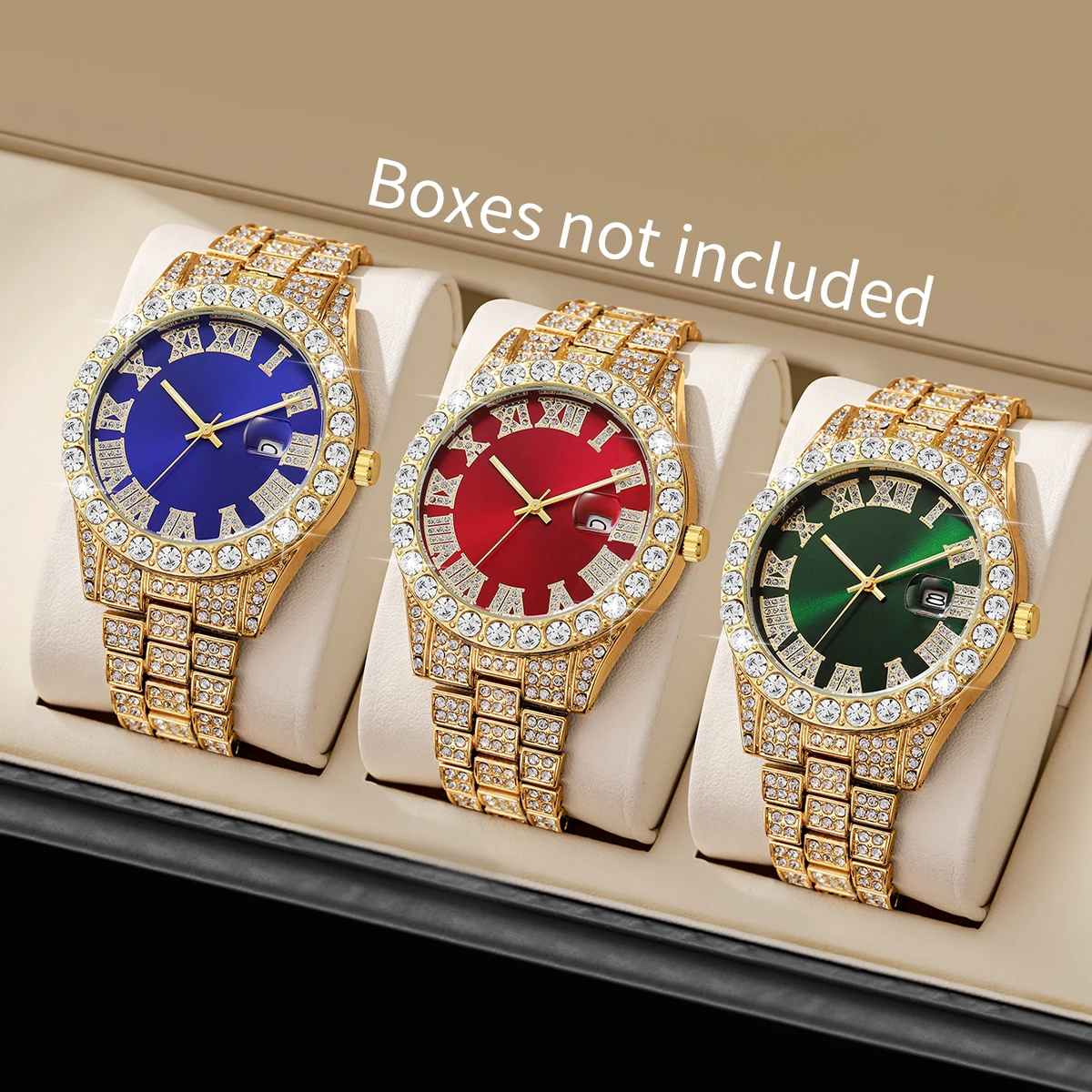 

3PCS/Set Fashion Men Watches Luxury Rhinestone Roma Dial Quartz Watch Calendar Clock for Man Gifts Reloj Hombre（Without Box）