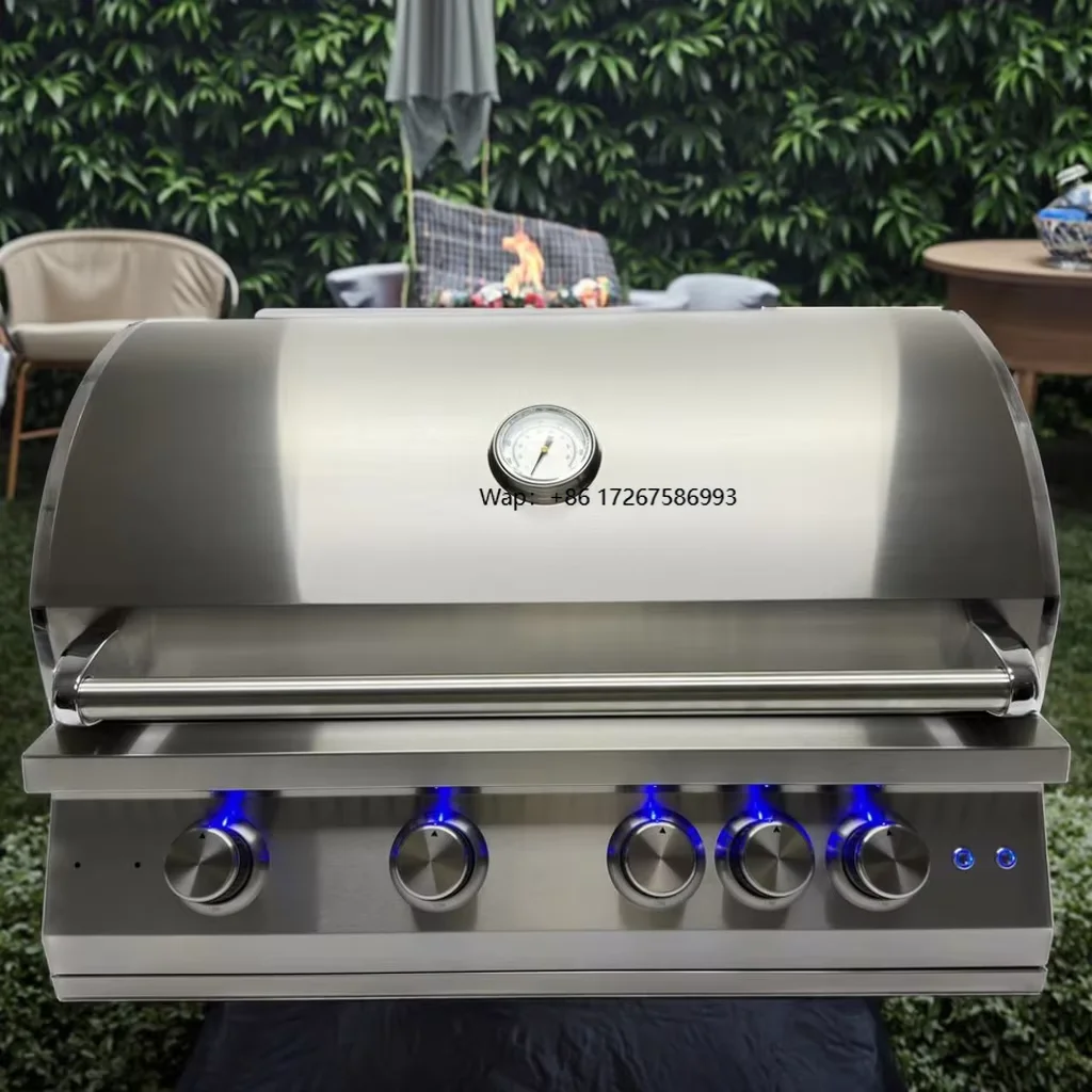 Factory Direct 4-Burner Gas Grill Electronic Ignition Baking Function Outdoor Kitchen Countertop Built-In BBQ Metal Material