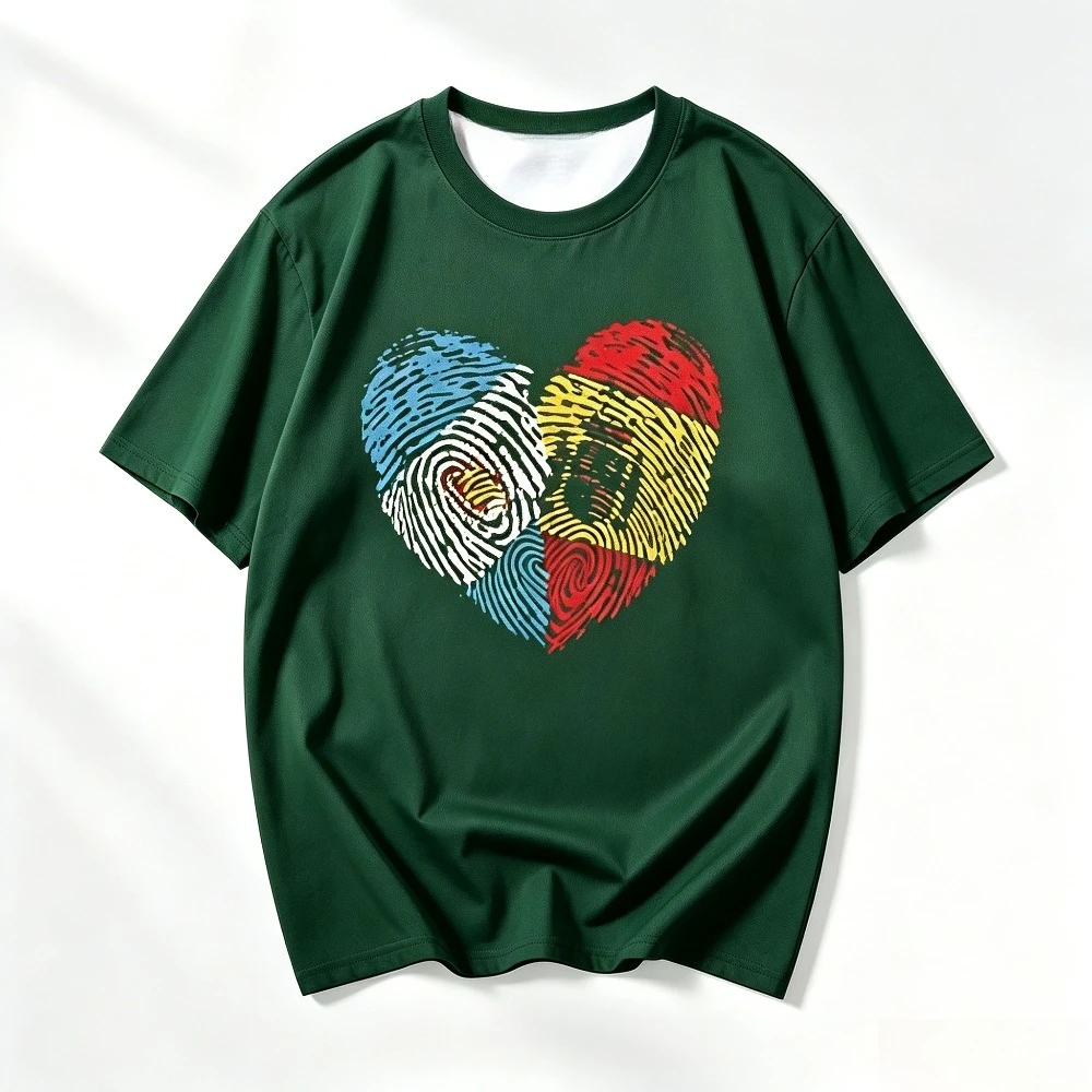 Argentina Spain Fingerprint Heart Print T-Shirt, Breathable Polyester Casual Soccer Fan Short Sleeve Tee