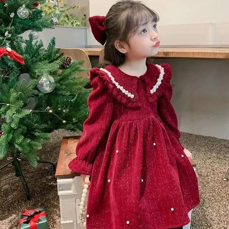 

Baby Girl Autumn and Winter Velvet Thickened Red Lapel Pearl Dress 2024 New Medium and Big Children Foreign Style Annual Dress