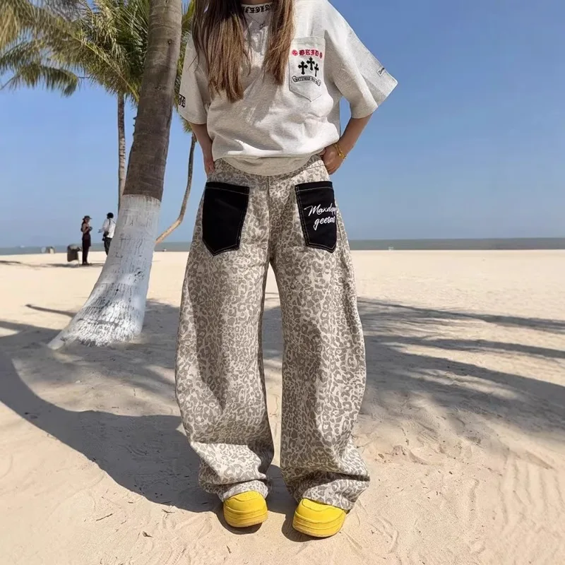 Y2K American Retro Leopard Print Baggy Jeans Unisex Pocket Embroidery Wide Leg Curved Cut Pants Hip Hop Streetwear Denim Trouser