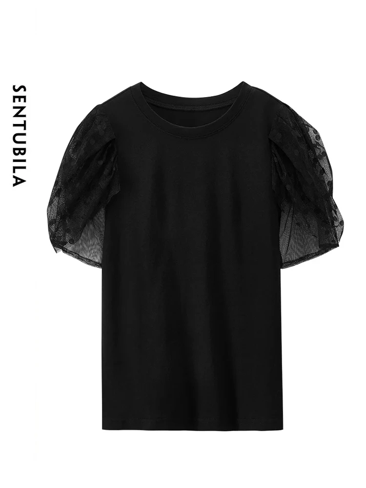 SENTUBILA Women\'s Summer Black T Shirts 2024 Cotton Patchwork Dot Gauze Short Sleeve Knitted T-shirts Fashion Tops 132T47415X