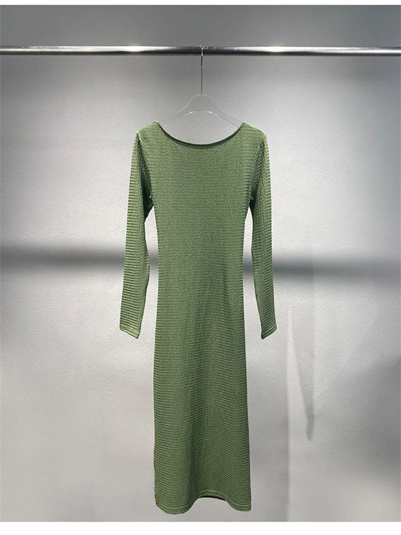 Women's Green Pleated Slim Long Robe 2024 New Back Lace-Up Ladies Elegant Round Neck Long Sleeve Dress