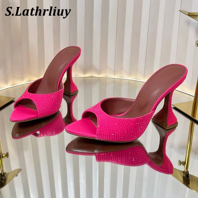 

Blingbling Rhinestone High Heels Slippers Women Solid Color Pointed Toe Cup Heels Sandals Summer Fashion Banquet Dress Shoes