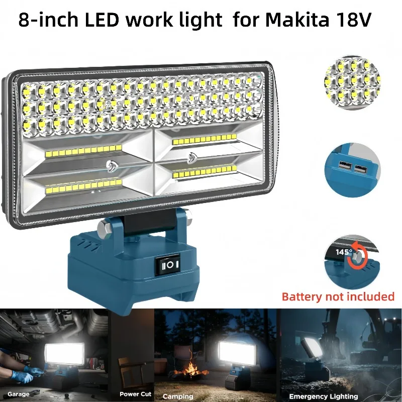 

Светодиодный рабочий фонарь 96 Вт, 12000 лм, совместимый с литиевыми батареями Makita 18 В BL1820 BL1840B, BL1820B BL1815B, с двумя портами USB.