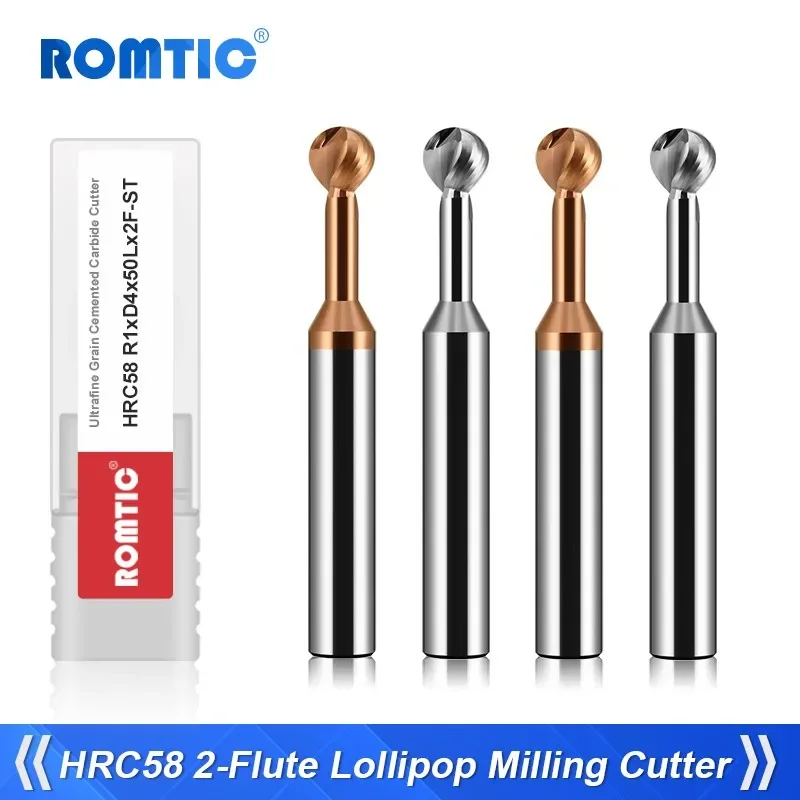 ROMTIC HRC58 Tungsten Steel Carbide 2-Flute Lollipop Endmill Extended For Aluminium/Steel CNC Mechanical Machining Tools