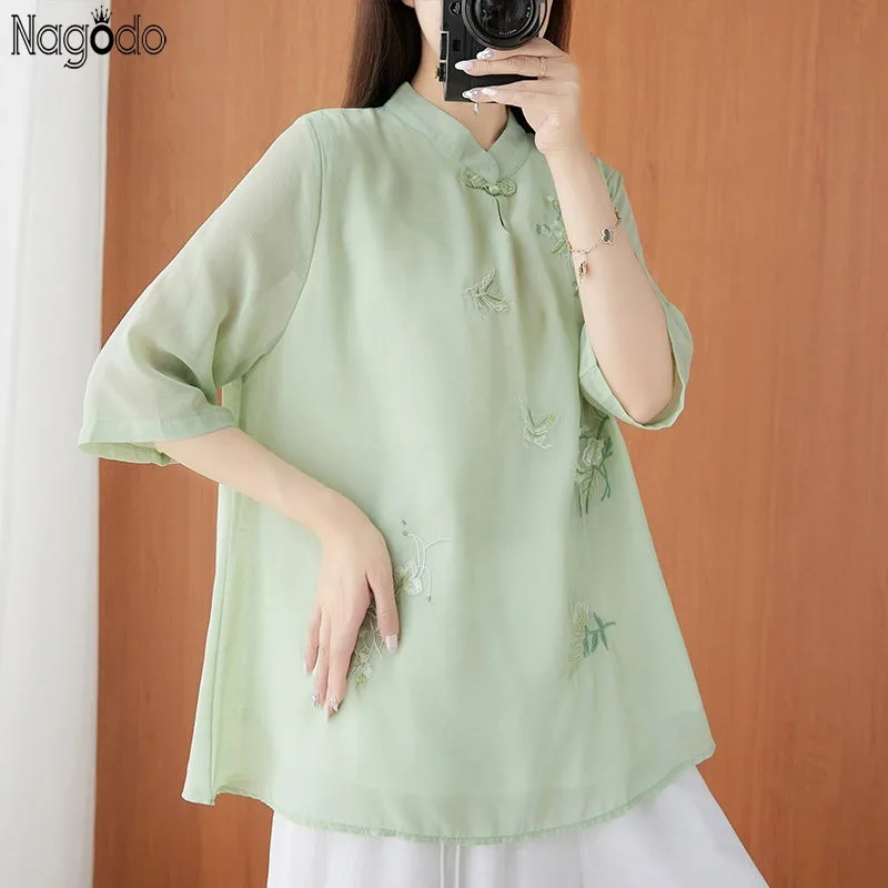 

Women's Cotton and Linen Blouses Pullover Half Sleeve Retro Top Stand Collar Loose Thin Shirt Chinese Embroidery Tea Clothing