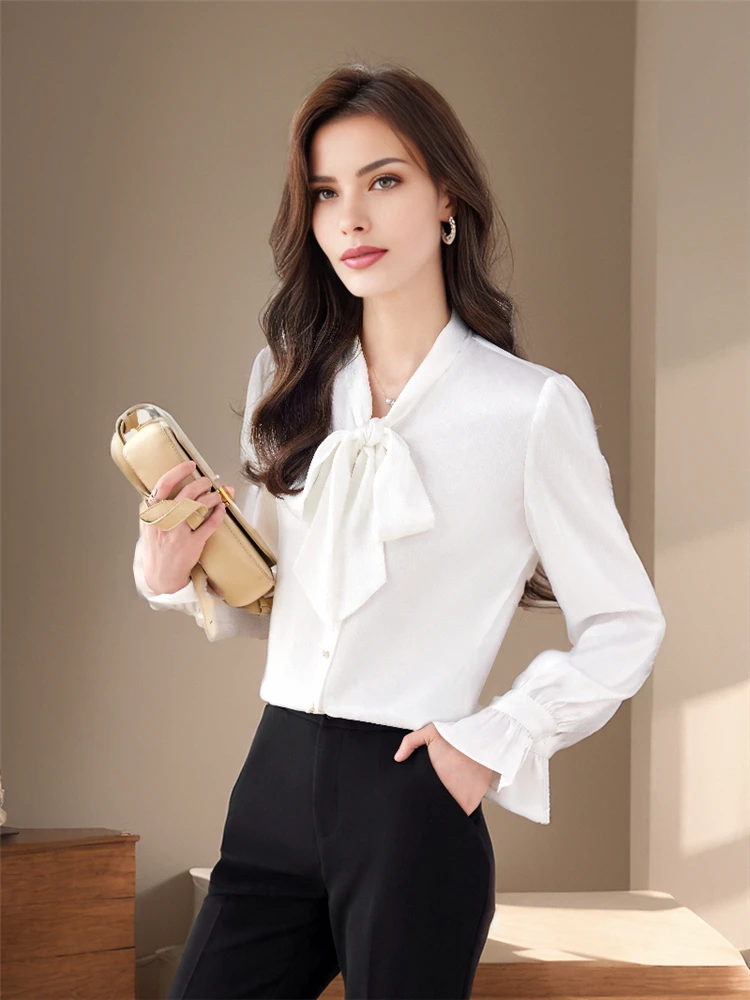 Women\'s Long Flared Sleeves Loose Shirt Elegant and Chic Ribbon Green White Fashion Luxury Blouses High Quality New 2024