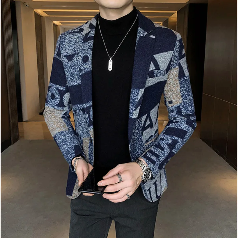 New Brand Clothing Men Slim Letter Printing Business Suit/Male Leisure Blazers Jackets/Man Woolen Office Tuxedo Gray Blue S-5XL