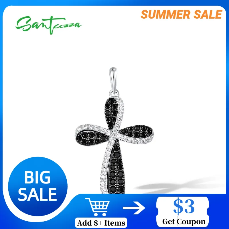 

SANTUZZA Pure 925 Sterling Silver Pendant For Women Simple Classic Cross Black Spinel White CZ Elegant Fashion Fine Jewelry