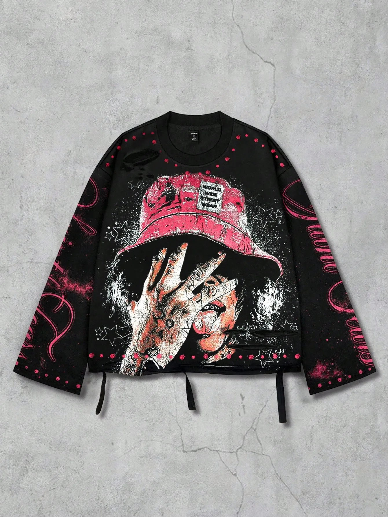 

Black Cropped Long Sleeve Graphic Sweatshirt with Distressed Print and Drawstring Hem