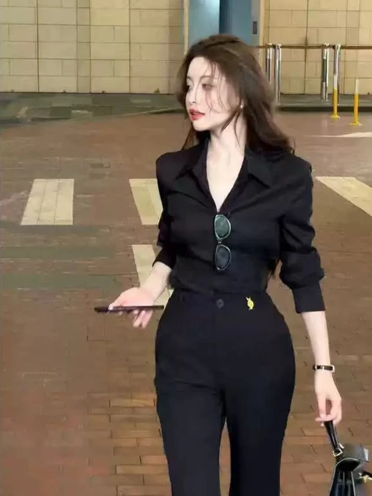 Women Korean Elegant Collar Long Sleeve Blouse Autumn Solid Black Office Lady Work Shirt Slim Chic Tops New
