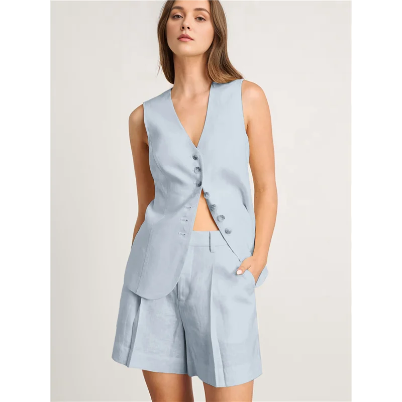 

ASDS-Women's Round Neck Summer Cotton And Linen Sleeveless Slim Vest Work Casual Cotton Suit Vest Shorts Set