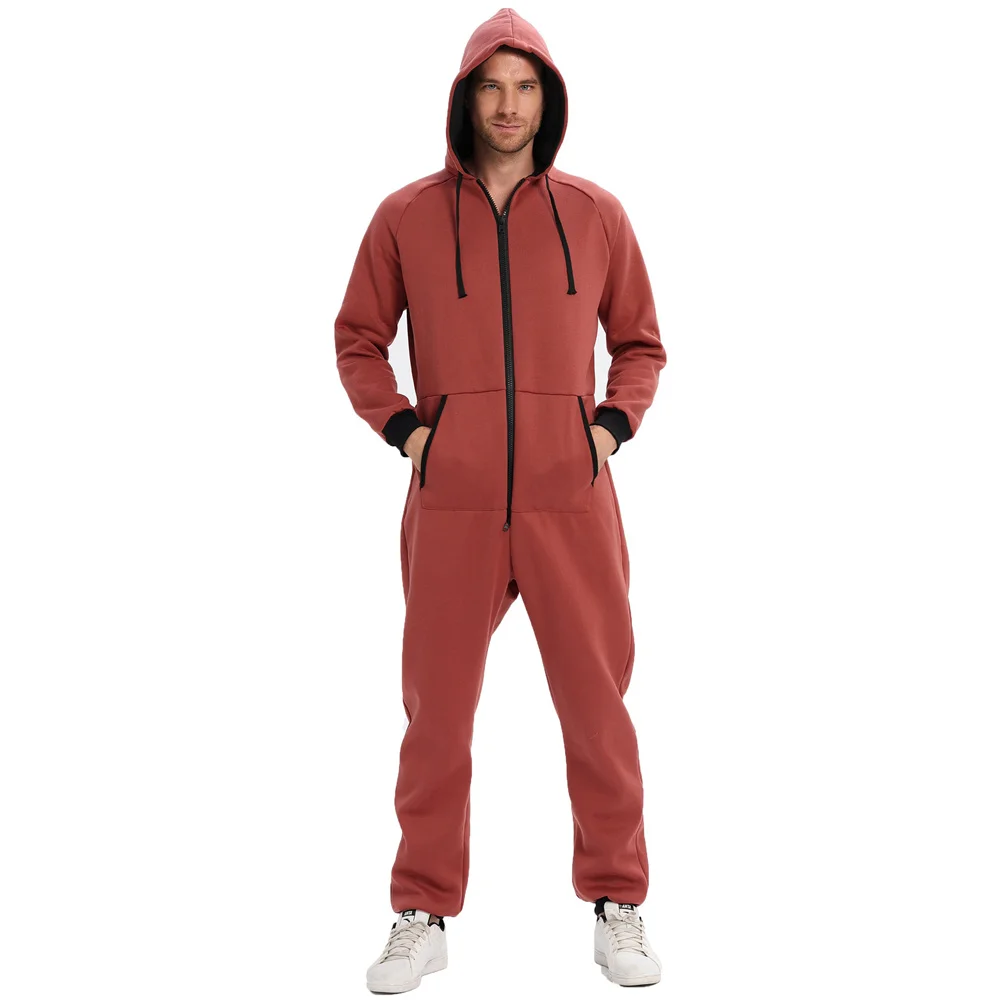 Pijamas gruesos de una pieza para hombre, ropa de dormir informal, suéter con capucha, holgado, con bolsillo, mono cálido para el hogar, Otoño e