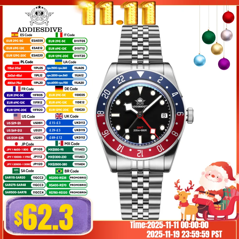 ADDIESDIVE Man GMT Watch Blue Super Luminous Relogios Masculino Bubble Mirror Glass BGW9 Super Luminous 20Bar Quartz Watches