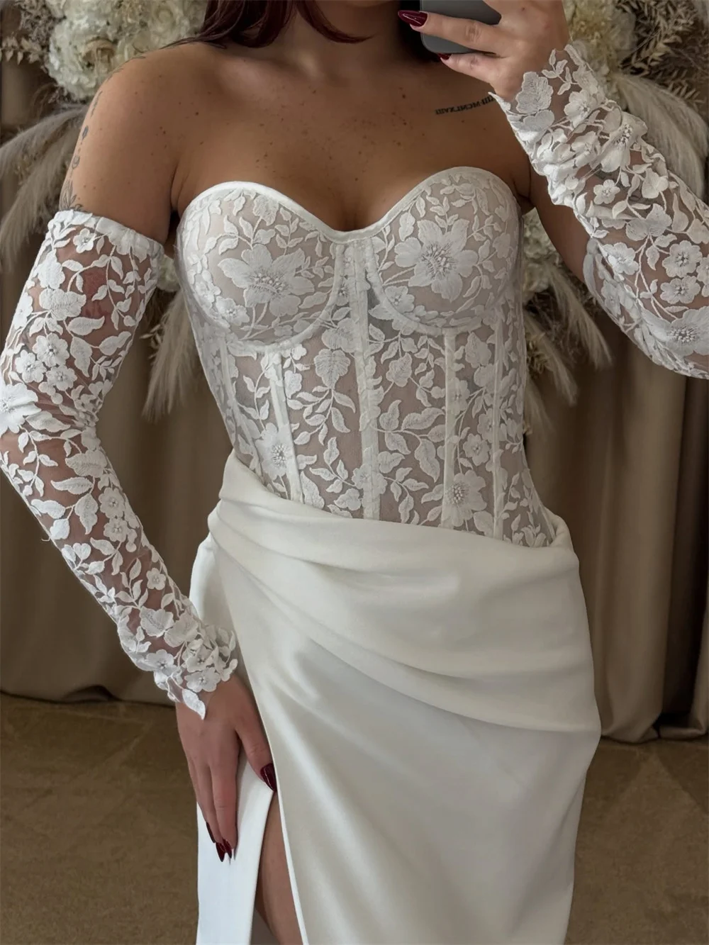 فستان زفاف كيوتو مخصص باللون الأبيض بدون حمالات من الدانتيل حورية البحر أنيق بدون أكمام من فيستدوس دي نوش بطول الأرض للسهرات الرسمية