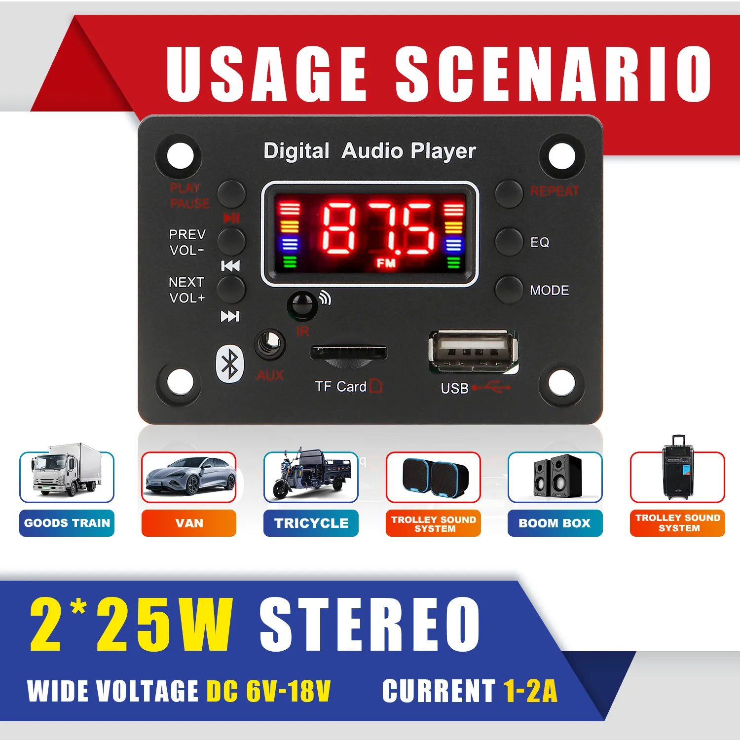 2*25W wzmacniacz odtwarzacz MP3 płyta dekodera 18V Bluetooth 5.0 50W wzmacniacz samochodowy moduł radia FM obsługa TF USB AUX