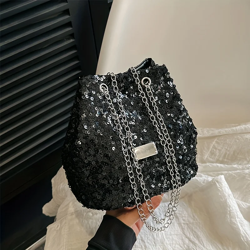 Sequins Bucket Bag For Women, Fashion Chain Crossbody Bag, Shiny Drawstring Purse, Shoulder Bag