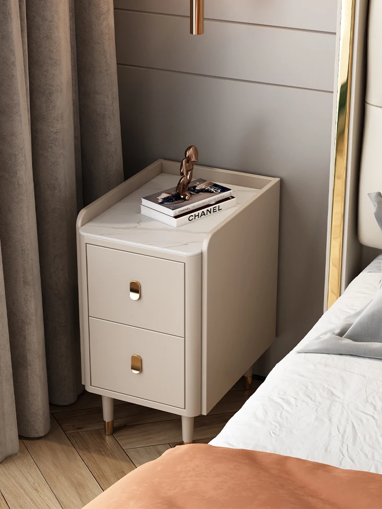 

Light luxury bedside table Solid wood small apartment bedroom Simple modern bedside rock slab Mini storage Narrow cabinet