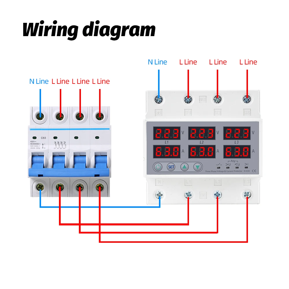 63A 100A Three Phase Voltage Current Relay Protector 220V 230V 3P Over Under Voltage Relay Current Limiter Adjustable Protect