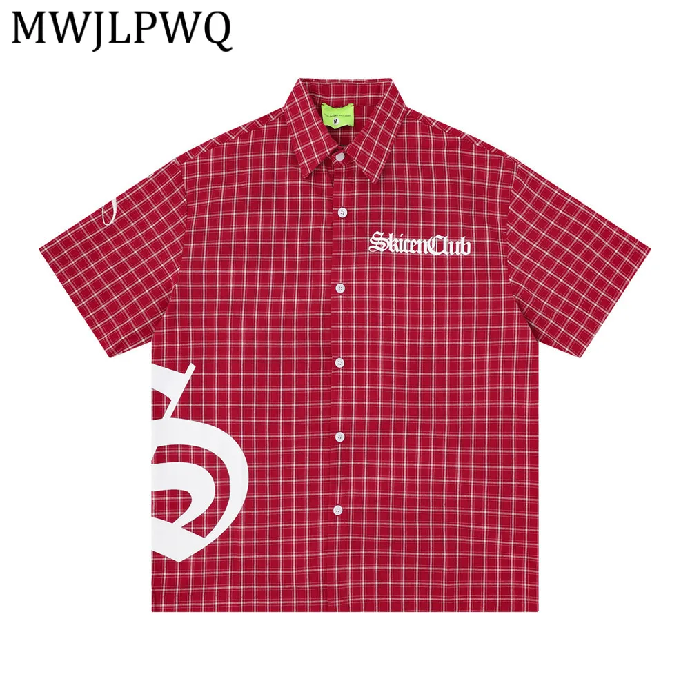 

MWJLPWQ American Trendy Plaid Men's Shirt Summer Street Loose Fit Casual Letter-Printed Unique Niche Short-Sleeve Tops 15200