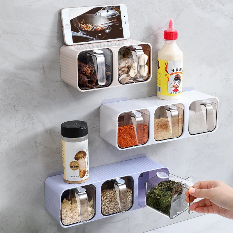 Wall-mounted Seasoning Box Spice Rack Sugar Bowl Salt Shaker Seasoning Container Spice Box With Spoons Kitchen Storage Organizer