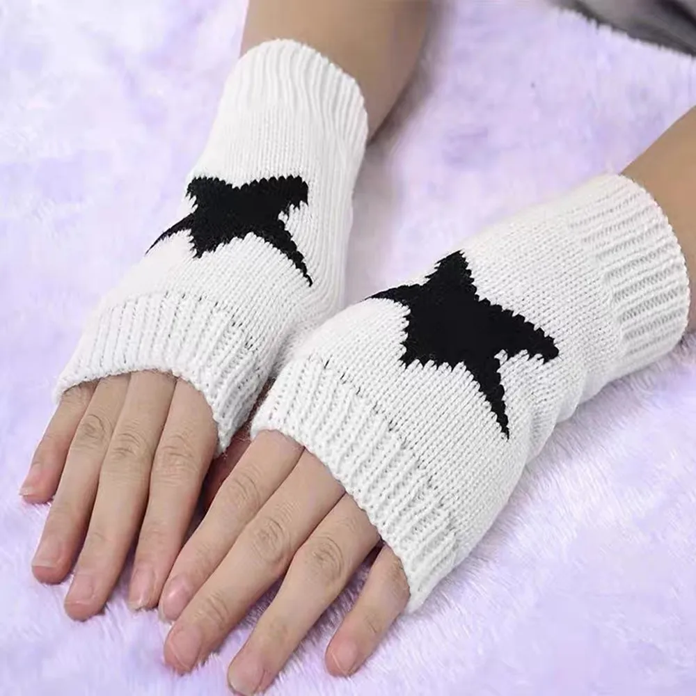 New Y2K Star Knitted Gloves Warm Winter Women's Half Finger Knitted Gloves Warm Soft Pentagram Woolen Hand Fingerless Gloves