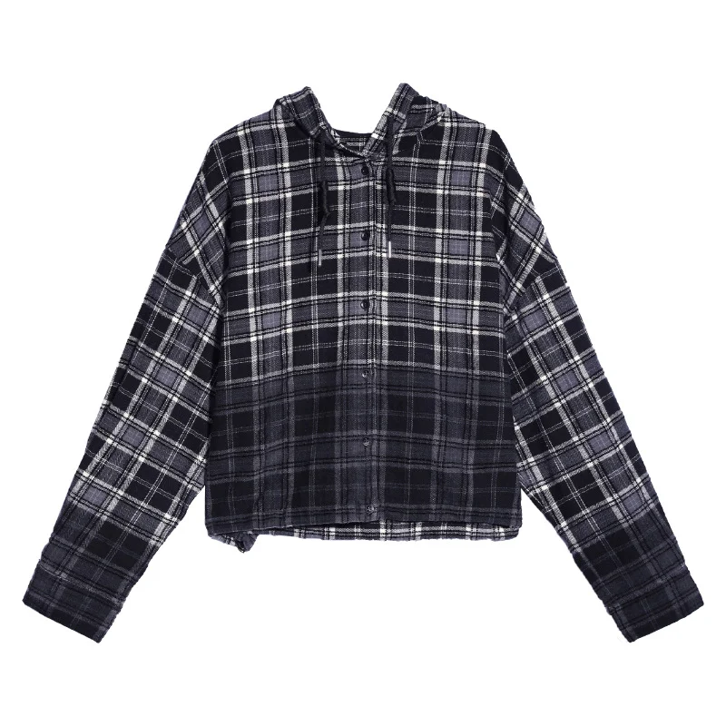 Women Autumn Hooded Shirts Gradient Cotton Long-sleeved Plaid Blouses  American Street Loose Trend Casual Tops Clothing Female
