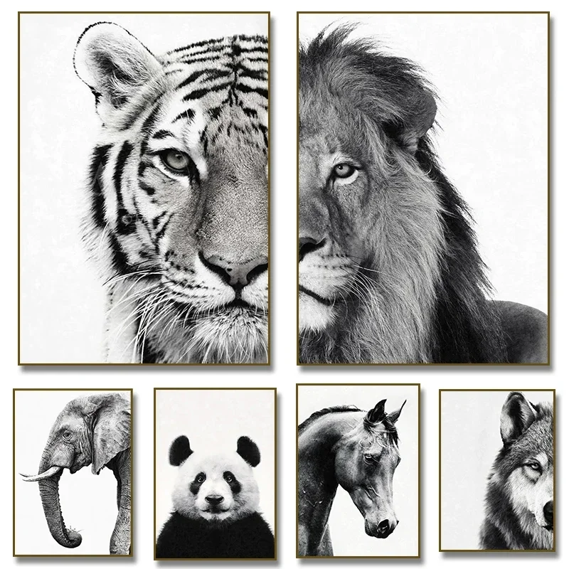 Frameless Canvas Painting (No Frame)Black And White Rhino Wolf Tiger Lion Face Elephant Panda Horse Poster Canvas Painting Print