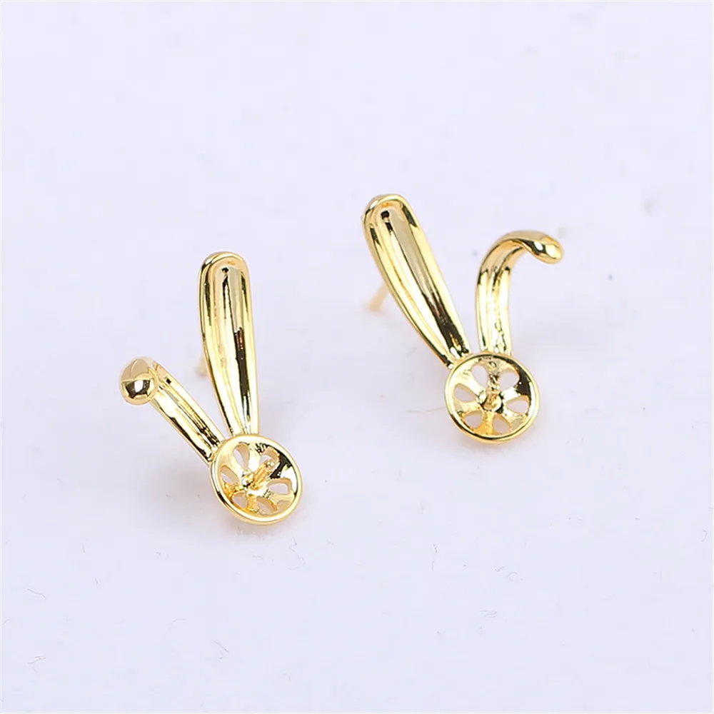 

Domestic 14k Gold Plated Rabbit Ears, Small Pearl Earrings, 925 Silver Needle Empty Holder DIY Accessories, Female